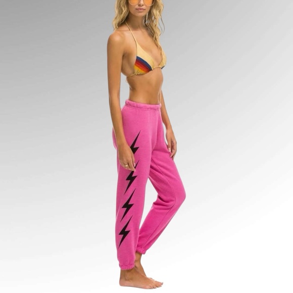 Aviator Nation Pink Joggers with Black Lightning Bolts - Picture 2 of 7